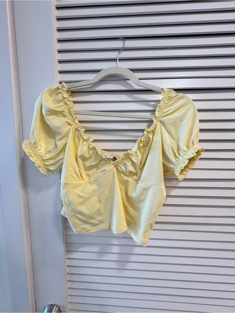 Topshop Pale Yellow Puff Sleeve Ruched Crop Top